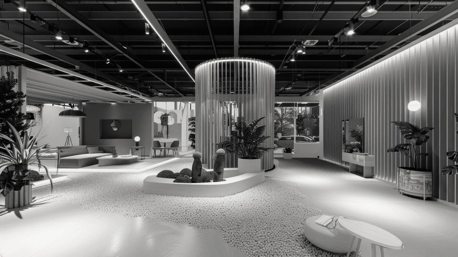 Monochrome architectural space, structured by its volumes and its circulation.