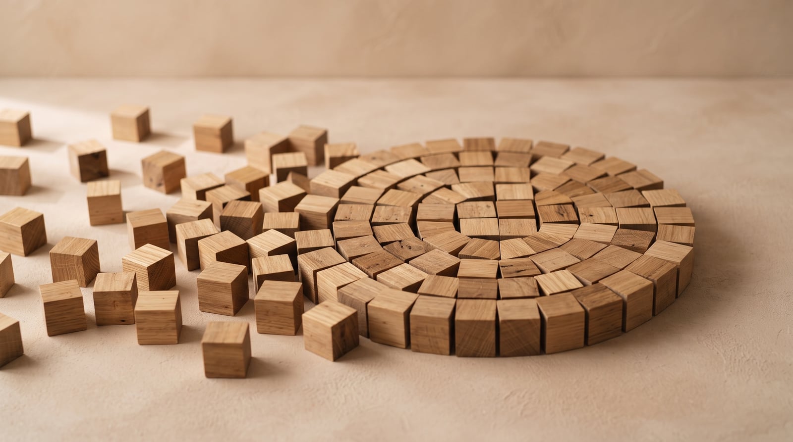 Wooden cubes laid out in a spiral, evoking a cycle.