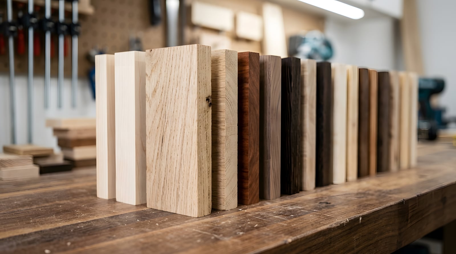 Solid wood samples lined up on a workbench.