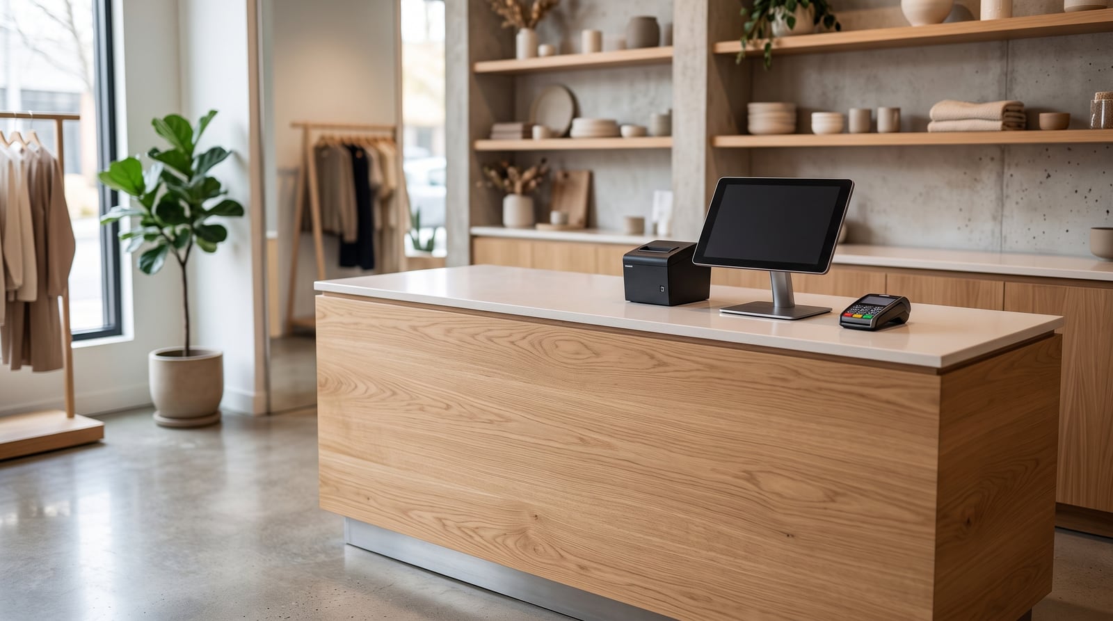 Pale wood reception counter in a retail space.