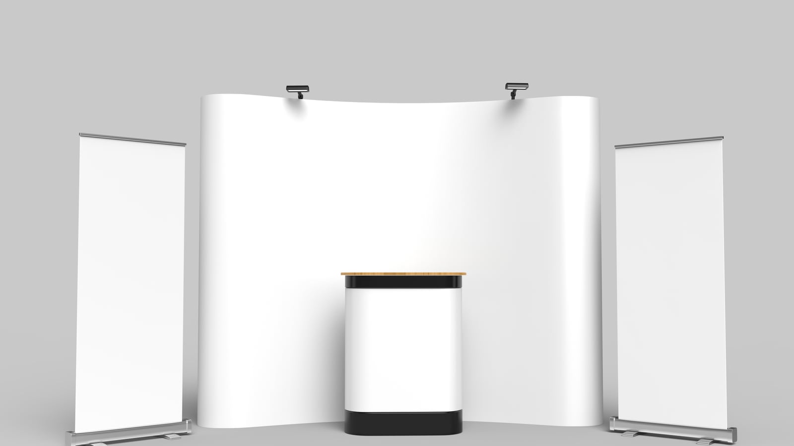 Portable stand: white kiosk and counter, on a neutral background.