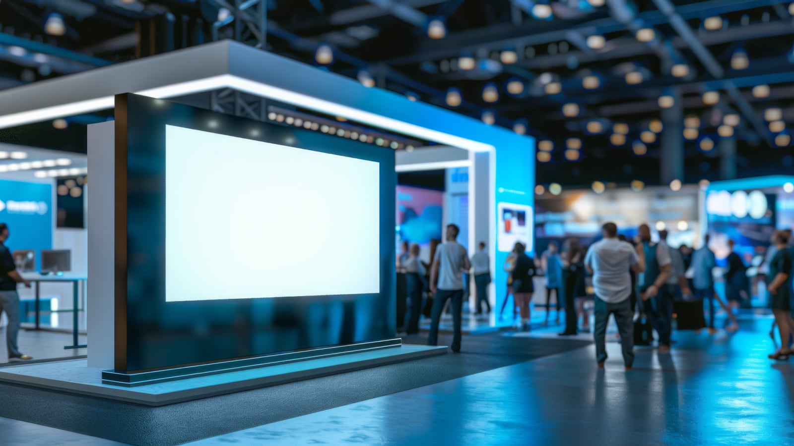 Modular stand: large lit screen and pale structure in a trade show aisle.
