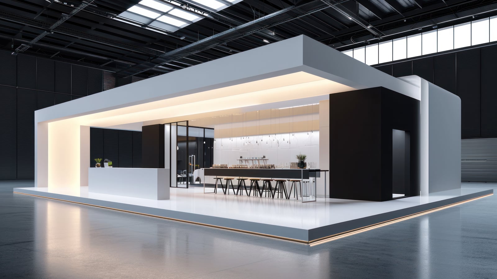 Custom-built stand: white volume opening onto a counter and its seating.
