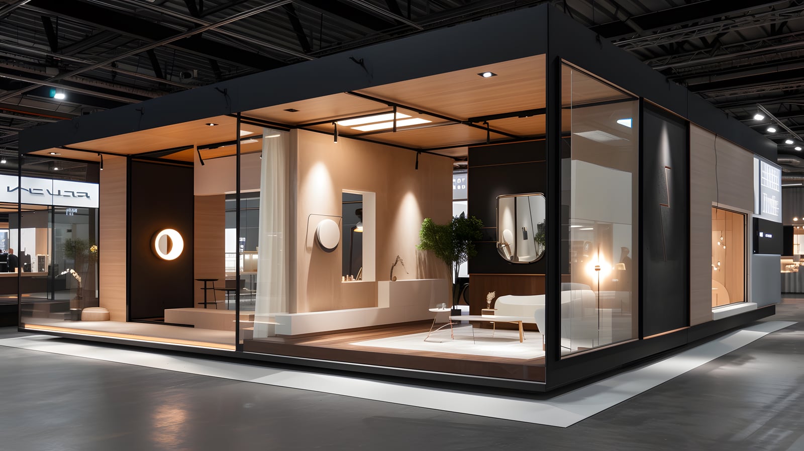 Custom-built exhibition stand, dark structure and lit display cases.